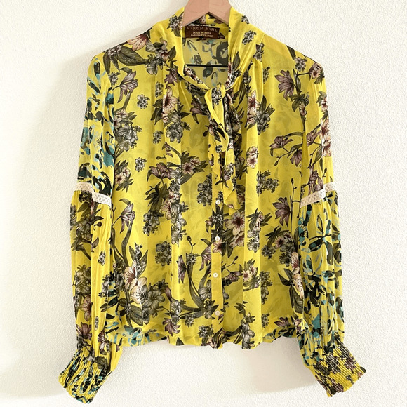 Anthropologie Varun Bahl Vibrant Yellow Floral Neck Tie Blouse Women’s Small - Picture 2 of 8